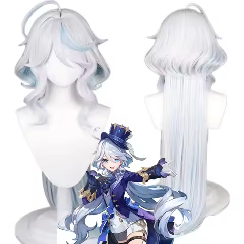 Genshin Impact Furina Cosplay Wig, Silver White to Blue Ombre Hydro Archon Hair Realistic Scalp Top
