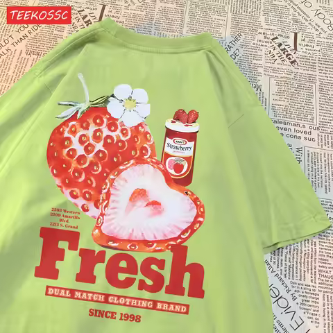 Summer Cotton Women T-Shirts Fresh Strawberry Retro Creative Printing Short Sleeve Oversize O-Neck S