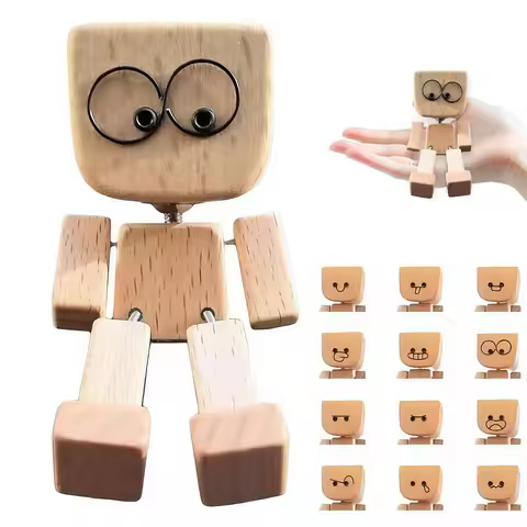 Creative Shaking Wooden Man Figurine with 12 Magnetic Expressions Handmade Wooden Wiggle Desktop Orn