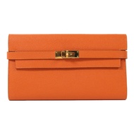 HERMES Epsom皮革Kelly Long Wallet金扣長錢包Orange Poppy