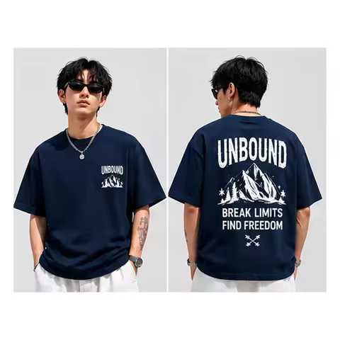 UNBOUND Mountain Print Men Oversized Tee Break Limits Find Freedom Navy Short Sleeve Casual Street T