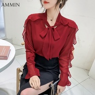 AMMIN Áo Voan Dài Tay Mới 2021 Dành Cho Nữ Áo Voan Thắt Nơ Mỏng Xếp Nếp Thời Trang Hàn Quốc Áo Kiểu