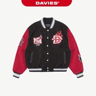 DAVIES black felt varsity Jacket with red sleeves embroidered with full 2-sided patterns, wide form,