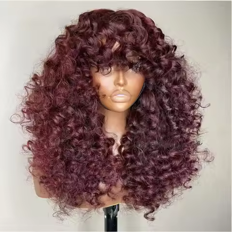 Soft Burgundy 26 Inch 99j Kinky Curly 99j Lace Front Wig With Bangs For Black Women Wine Red High Te