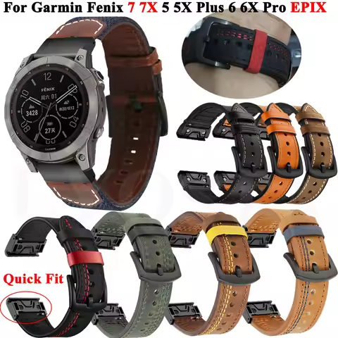22 26mm Quick Fit Leather WatchBand Straps for Garmin Fenix 7 7X 5X 5X Plus/6 6X Pro/3 3HR/D2 D2lta 