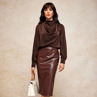 1 ผู้หญิง Ruched Mock Neck Long Sleeve Satin Top สีน้ำตาลเอลิแกนต์ Casual Old Money Top สีน้ำตาล Top