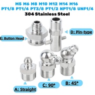 304 Stainless Steel Metric UNF NPT PT Grease Nipple Male Thread Straight Elbow Type Oil Zerk Fitting
