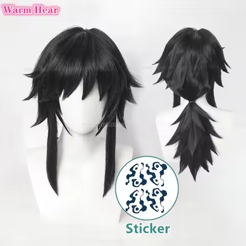 In Stock Synthetic Tomioka Giyuu Cosplay Wig Anime Long 40cm Black Ponytail Wig And Sticker Heat Res