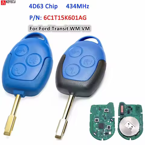 KEYECU 3 Button Car Remote Key 4D63 Chip 433Mhz P/N: 6C1T15K601AG Blue/Black Blade for Ford Transit 