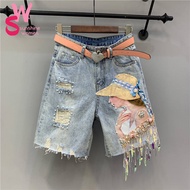 SW ⭐️Heavy Industry Beauty Textured Tassel Sequin Studded Beads with Broken Holes, 5/4 Denim Shorts, Women's Foreigner Style, Reduced Age, Straight Tube Middle Pants