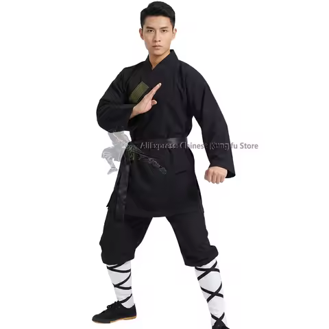 Black Cotton Shaolin Kung fu Uniform Warrior Monk Robe Sets Qigong Tai Chi Suit Meditation Martial a