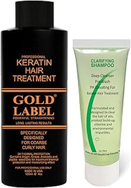 GOLD LABEL Brazilian Keratin Blowout Hair Treatment Super Enhanced Winning Formula All Hair Types &amp; Colors Incl Blondes, Bleached, Coarse, Curly, Black African, Dominican Brazilian (4oz Kit)