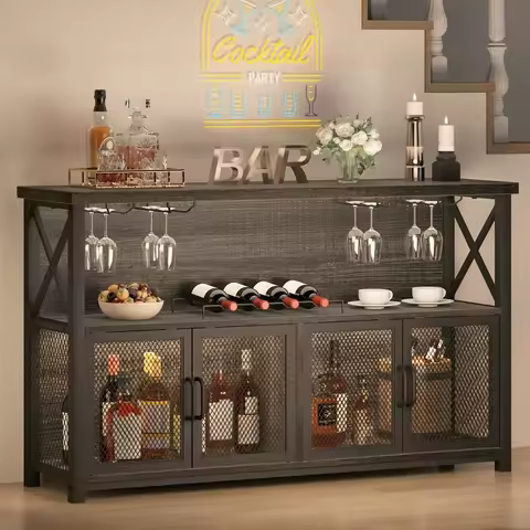 Industrial Coffee Bar Cabinet for Liquor&Glasses W/ Storage Rack, Rustic Liquor Home Bar for Kitchen