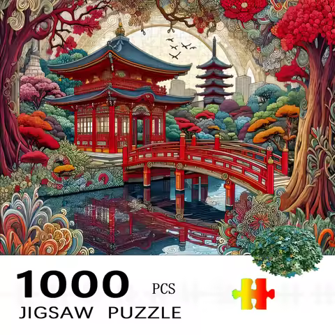 1000pcs Japanese Pagoda Puzzle - Traditional Red & Golden Architectural Design with Lush Greenery, C