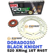 Sprocket Set KEEWAY DORADO 250 / BLACK KNIGHT RK 520 KRX X-Ring Rivet Black Gold Chain 16-45 Spoket 