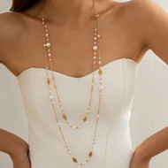 2Pcs/Set Temperament Imitation Pearl Long Chain Necklace for Women Fashion Statement Goth Sweather L