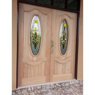 Pintu Kayu Cermin Depan Rumah Full Original Natural Solid Wooden Door Oval Tempered Glass Built-in Brass Grill Design