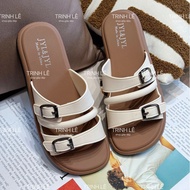 Dép Lê Nữ Quai Ngang Phối Da Ba Quai Ngang Khóa Vuông Đế Bệt Cao Su Thời Trang -TL007