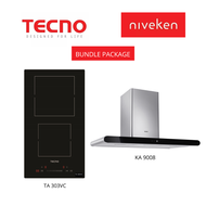 (HOOD + HOB) Tecno 90cm Round Profile Chimney Cooker Hood with LED Sensor Touch Controls + Tecno TA 303VC / TA303VC (30cm) Vitro-ceramic Cooker Hob