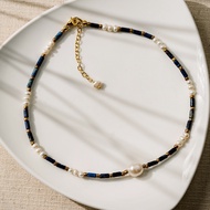 Ar-Kang Collection AHN0146 สร้อยคอแฮนด์เมค ตัวเรือนทองเหลืองชุบทอง มุกแท้ หินแท้ Lapis Lazuli