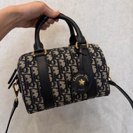 Dior 提花布深藍牛皮金釦手提斜背波士頓包