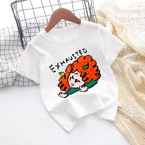 Brave Merida Kids Short Sleeve "EXHAUSTED" Cartoon Print Cotton T-Shirt