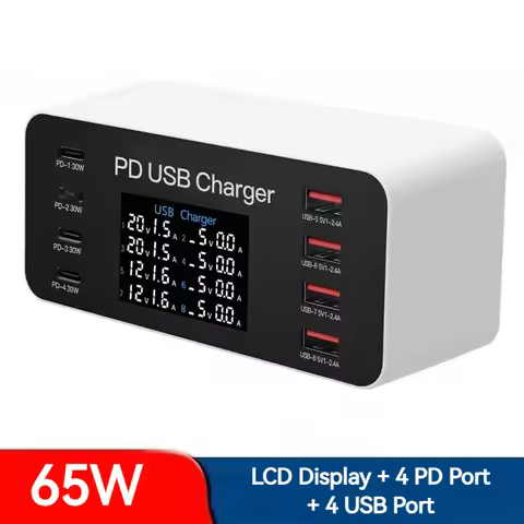 65W Multi 8 Ports PD USB Fast Charger LCD Display PD 30W Charging Carregador for Tablet Smartphone I