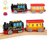 Battery Operated Locomotive Steam Train for Toddlers, Magnetic Toy Set for Wooden Tracks With 2 Loco