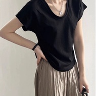 t shirt woman Black U-Neck Short Sleeve T-shirt for Women - Summer Fashionable Retro Design