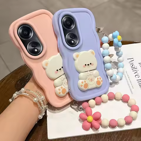 A58 Cat bracket lanyard Wavy Shape Silicone Phone Case For OPPO A60 A78 A76 A96 A56 A77 A94 A93 A79 