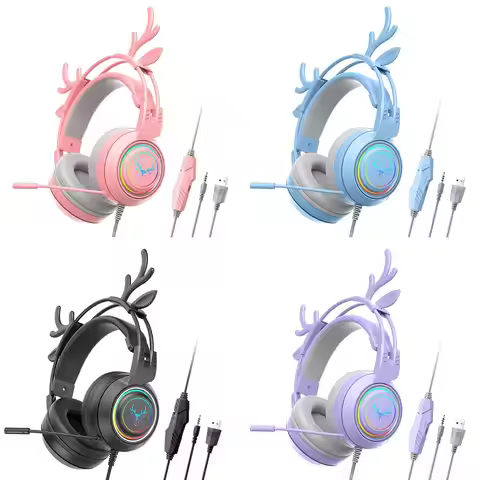 Wired Gaming Headset with Rotatable Microphone Detachable Antlers Earphones Stereo Computer Gaming H