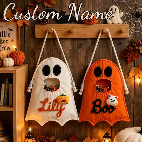 Personalized Halloween ghost candy bags, customizable with names, "trick or treat" candy, perfect Ha