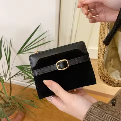 New Premium Two Fold Leather Wallet Brown Suede Splicing Short Women's Wallet Fashion Simple Belt Bu