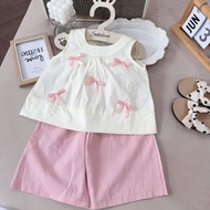 SN17 Bộ quần aod bé gái Set áo sát nách nơ hồng quần ống rộng cho bé gái