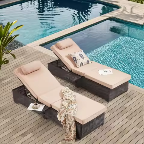 Outdoor Lounge Chairs, Pool Lounge Chairs Set of 2, Outdoor Chaise Lounge with Adjustable Backrest &