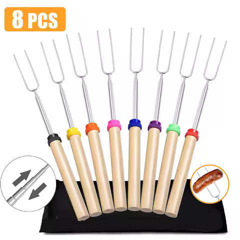 Roasting Sticks 8Pcs Extendable Metal Barbecue Skewers For Grilling Set Telescoping Smores BBQ Forks