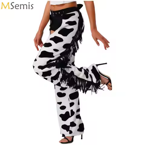 western cowgirl pants for woman Cow Spot Pattern Flannel Long Pants Adjustable Waist Open Crotch Bik