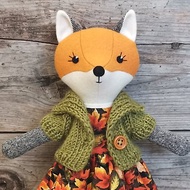 Orange fox girl, handmade stuffed wool doll, textile plush fox