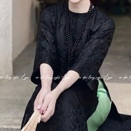 Black Brocade Ao Dai, Round Neck, Loose Sleeves, Innovative Luxurious and Noble Sunken Pattern_Lyna 