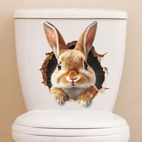 2D Flat 1Pc Fun Animal-Themed Wall Sticker for Toilet, Lively and Cute Easter Design with a Rabbit H