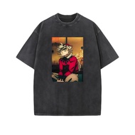 100% Cotton Japanese anime "Demon Slayer" Douma printed retro washed loose T-shirt, fashionable stre