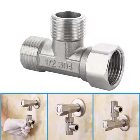 G1/2" T-Valve Toilet Diverter Valve T Adapter Three-way Water Pipe Splitter Diverter Valve Bath Bide