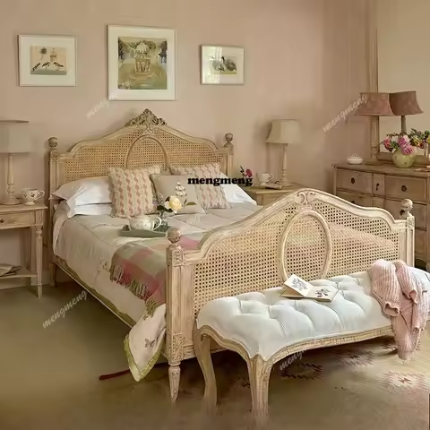 Solid wood household rattan bed Small apartment 1.8 meters master bedroom double bed French 1.5 mete