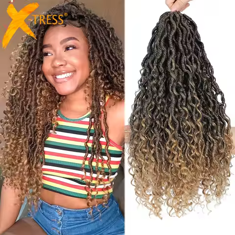 Synthetic Crochet Braids Messy Goddess Locs Hair Extension Ombre Brown River Faux Locs Braiding Hair