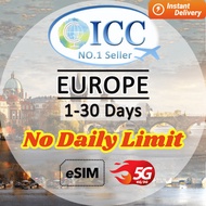 ICC eSIM Europe,UK 1-30 Days Unlimited Data (EU-B)┃Good Coverage in Europe┃Unlimited Data