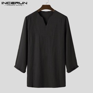 INCERUNชายชาติพันธุ์แขนยาวKaftan KurtaยาวTเสื้อผ้าลินินหลวมเสื้อ