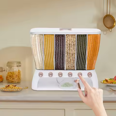 6-Compartment Clear Dry Food Dispenser with Gold Trim, Adjustable Partitions & Push-Button Release- 