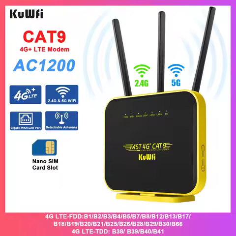 KuWFi CAT9 4G+ Router 1200Mbps 2.4G 5GHz WiFi Router 4G LTE Modem Gigabit WAN LAN Port USIM Slot AP 
