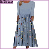 Womens Summer Flowy Midi Dress Boho Floral Pleated Dress with Pockets Casual Half Sleeve Crew Neck S