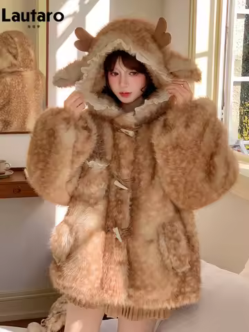 Lautaro Autumn Winter Thick Warm Sweet Cute Lace Patchwork Faux Fur Coat Hoodie Women with Deer Ears